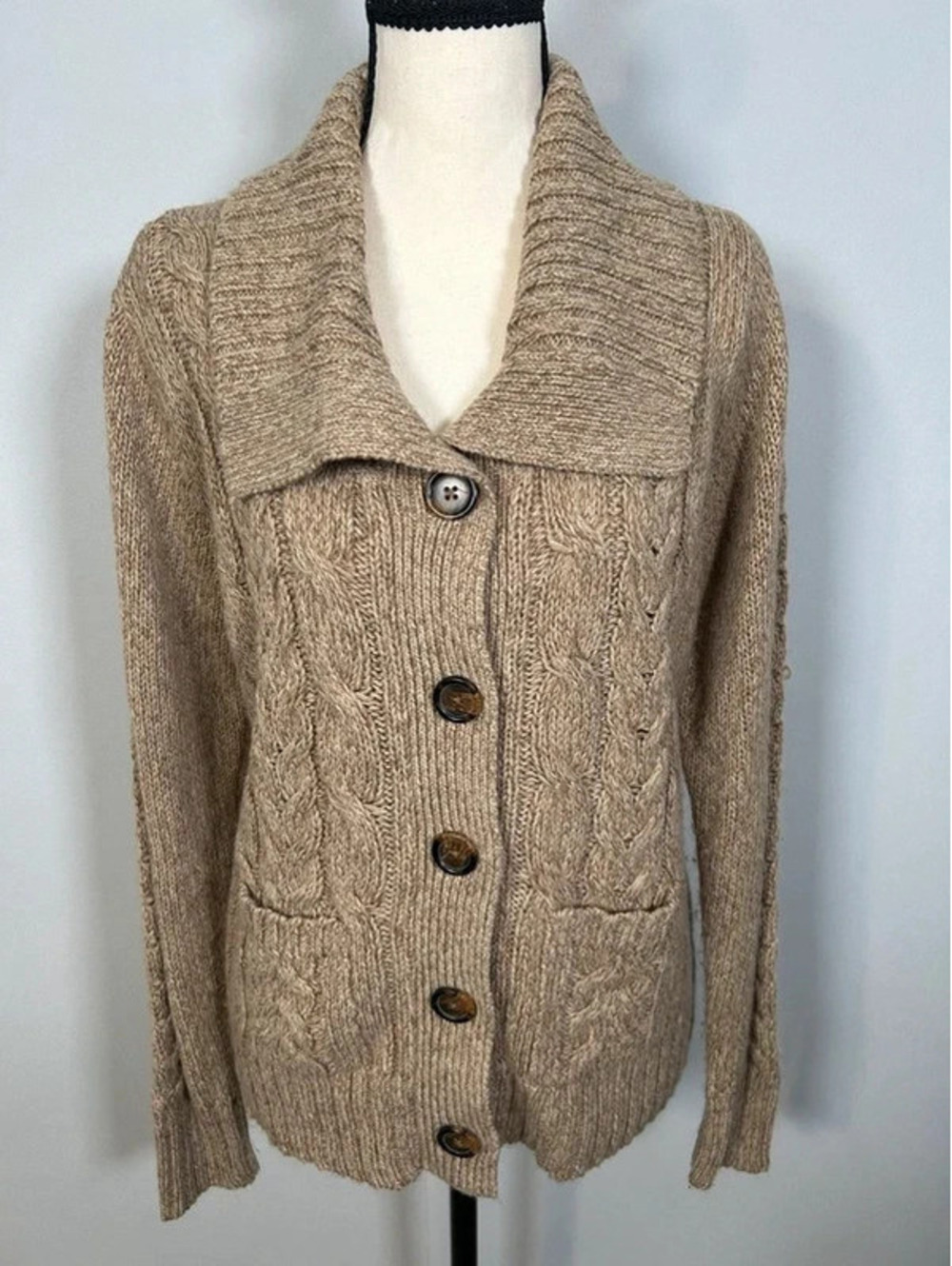 St. John’s Bay Women’s M Tan Cable Knit Cardigan Shawl Collar Button Front